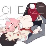  1boy 1girl animal_ears back bite_mark biting black_hair blood blood_on_face blue_eyes bunny_ears bunny_girl bunny_tail bunnysuit chenaze57 darling_in_the_franxx english_text fang green_eyes hair_between_eyes hairband hand_holding highres hiro_(darling_in_the_franxx) holding long_hair lying nail_polish neck_biting on_back one_eye_closed pink_hair red_nails shoulder_blades simple_background tail tight tongue tongue_out undressing white_background zero_two_(darling_in_the_franxx) zero_two_(kirby) zipper_pull_tab 