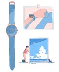  1girl absurdres aorkgk bird black_cat blue_sky braid braided_ponytail cat cloud cloudy_sky comic food fruit highres klasse14 one-piece_swimsuit original pink_swimsuit ponytail seagull shadow sky solo standing swimsuit tape watch watermelon wristwatch 