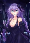  1girl absurdres bare_shoulders bimmy blue_eyes blush braid breasts cleavage cup dress drinking_glass elbow_gloves gloves grin highres holding holding_cup large_breasts long_hair looking_at_viewer neptune_(series) night power_symbol purple_dress purple_gloves purple_hair purple_heart reaching_out smile solo symbol-shaped_pupils twin_braids twintails very_long_hair wine_glass 