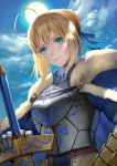  1girl ahoge armor armored_dress artoria_pendragon_(all) blonde_hair blue_ribbon board_game braid breasts cape cloud cloudy_sky commentary_request dutch_angle excalibur fate/grand_order fate_(series) french_braid fur-trimmed_cape fur_trim gauntlets go green_eyes hair_bun hair_ribbon highres holding holding_sword holding_weapon large_breasts maekawa_yuichi moon night night_sky ribbon saber sidelocks sky smile solo sword upper_body weapon 