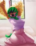  2019 anthro anthrofied avian bird breasts cleavage clothed clothing decidueye feathers feet female hi_res looking_at_viewer midriff multicolored_feathers nintendo non-mammal_breasts pok&eacute;mon pok&eacute;mon_(species) pok&eacute;morph skimpy smile solo stretching talons thick_thighs thousandfoldfeathers video_games wide_hips 