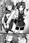  2girls ahoge ai_takurou anger_vein bangs belt bike_shorts black_gloves blush bow braid breasts comic covering covering_crotch eyebrows_visible_through_hair eyelashes fang fingerless_gloves gloves greyscale kagerou_(kantai_collection) kantai_collection long_hair long_sleeves monochrome multiple_girls open_mouth pleated_skirt pulled_by_another remodel_(kantai_collection) ribbon school_uniform short_sleeves shorts shorts_under_skirt single_braid skirt skirt_pull tears thighs translation_request twintails yuugumo_(kantai_collection) 