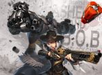  1boy 1girl aiming arm_cannon armor ashe_(overwatch) black_nails bob_(overwatch) bowler_hat character_name clenched_hands cowboy_hat dynamite earrings eyeliner facial_hair fur_trim green_eyes gun hat height_difference hichi highres japanese_armor jewelry kote lever_action lips lipstick long_hair makeup mole_above_mouth mustache nail_polish necktie omnic overwatch red_eyes red_lipstick red_neckwear rifle robot shell_casing shirt short_hair signature sleeves_pushed_up trigger_discipline weapon white_hair white_shirt 