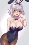  1girl ahoge animal_ears arm_behind_back bare_shoulders blush bow bowtie breasts bunny_ears bunnysuit cleavage cowboy_shot detached_collar fate/grand_order fate_(series) fifty1202 jeanne_d&#039;arc_(alter)_(fate) jeanne_d&#039;arc_(fate)_(all) large_breasts pantyhose white_hair wrist_cuffs yellow_eyes 