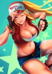  1girl absurdres blonde_hair blue_eyes breasts cleavage fatal_fury genderswap highres large_breasts long_hair looking_at_viewer navel one_eye_closed open_mouth smile snk_heroines:_tag_team_frenzy solo terry_bogard 