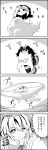  4koma animal_ears comic commentary_request crossed_arms flying futatsuiwa_mamizou glasses greyscale highres hijiri_byakuren hood kumoi_ichirin leaf leaf_on_head long_hair monochrome multicolored_hair pince-nez raccoon_ears raccoon_tail shawl short_hair smile spinning streaked_hair tail tani_takeshi toramaru_shou touhou translation_request unzan yukkuri_shiteitte_ne 