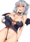  1girl alternate_costume bat_wings blue_eyes blush breasts cameltoe cleavage clothes_pull eyebrows_visible_through_hair eyes_visible_through_hair gloves hair_between_eyes highres kantai_collection kashima_(kantai_collection) kitajima_yuuki large_breasts looking_at_viewer navel open_mouth partially_visible_vulva sidelocks silver_hair simple_background solo standing tied_hair twintails wavy_hair white_background wings 