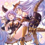  2girls :d animal_ears ass bangs bare_shoulders black_capelet blush bodysuit boots breastplate breasts capelet cleavage elbow_gloves frills fur_trim gloves granblue_fantasy hair_between_eyes hair_ribbon hand_on_another&#039;s_thigh headpiece highres interlocked_fingers large_breasts lavender_hair leg_garter long_hair looking_at_viewer low_twintails medusa_(shingeki_no_bahamut) multiple_girls open_mouth pointy_ears purple_eyes purple_hair red_eyes ribbon satyr_(granblue_fantasy) smile star tail tomo_(user_hes4085) twintails very_long_hair 