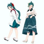  2girls arms_behind_back blouse dual_persona full_body geta green_hair green_skirt hair_ribbon highres irako_(kantai_collection) kantai_collection kappougi lifted_by_self long_hair long_skirt looking_at_viewer multiple_girls necktie ojipon ponytail red_shirt ribbon sandals shirt simple_background skirt skirt_lift socks standing white_background white_blouse white_legwear yellow_eyes 