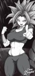  1girl abs artist_name breasts clenched_hand crop_top dragon_ball dragon_ball_super earrings erect_nipples greyscale highres jewelry kefla kefla_(dragon_ball) leggings medium_breasts midriff monochrome muscle muscular_female open_mouth pants pointing short_sleeves smile solo spiked_hair stomach tensa-zangitsu toned vambraces 