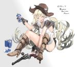  1girl bangs blonde_hair boots can character_name cola colt_m1873_(girls_frontline) colt_saa cowboy_boots cowboy_hat drink eyes_closed facial_mark fur_trim girls_frontline gloves gun handgun hat holding holding_can holster kesomaru long_hair open_mouth partly_fingerless_gloves pistol revolver shorts simple_background single_thighhigh sitting soda_can solo spurs star thighhighs twintails weapon western white_background 