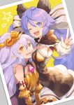  2girls ;d animal_ears bangs bare_shoulders blush bodysuit breasts capelet cleavage elbow_gloves frills fur_trim gloves granblue_fantasy hair_between_eyes hair_ribbon headpiece large_breasts lavender_hair long_hair looking_at_viewer low_twintails medusa_(shingeki_no_bahamut) multiple_girls one_eye_closed open_mouth orange_eyes photo_(object) pointy_ears purple_eyes purple_hair ribbon satyr_(granblue_fantasy) shingeki_no_bahamut smile star twintails v very_long_hair yumekui 