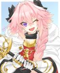  1boy armor astolfo_(fate) bangs black_bow bow braid cloak commentary_request eyebrows_visible_through_hair fang fate/apocrypha fate_(series) fur-trimmed_cloak fur_collar fur_trim hair_bow hair_intakes haoro highres holding holding_sword holding_weapon lion_print long_braid long_hair looking_at_viewer male_focus multicolored_hair one_eye_closed open_mouth pink_hair purple_eyes signature single_braid skin_fang smile solo streaked_hair sword trap weapon 