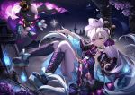  boots bow building bunny choker clouds dress flowers goth-loli headdress king&#039;s_raid lavril_(king&#039;s_raid) lolita_fashion long_hair moon narae night purple_eyes rose silhouette sky stars white_hair 