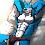  1:1 2016 abs anthro bearlovestiger13 bed blue_fur blush canid canine canis clothing collar doggie_kruger domestic_dog fur hands_behind_head looking_at_viewer lying male mammal multicolored_fur muscular nipples on_back on_bed one_eye_closed pecs pillow power_rangers power_rangers_spd smile solo super_sentai tokusou_sentai_dekaranger underwear white_fur wink 