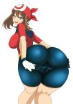  1girl artist_request ass ass_grab bandanna bike_shorts blue_eyes breasts brown_hair cameltoe come_hither creatures_(company) from_behind game_freak gloves haruka_(pokemon) huge_ass large_breasts leaning leaning_forward long_hair looking_at_viewer naughty_face nintendo open_mouth pokemon pokemon_(anime) shiny shiny_hair sideboob smile solo 