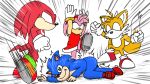  amy_rose bikkuri_moon commentary gloves green_eyes highres jojo_no_kimyou_na_bouken kicking knuckles_the_echidna parody red_footwear shadow_the_hedgehog shoes sneakers sonic sonic_the_hedgehog tails_(sonic) white_gloves 