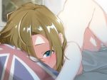  1girl apple_(ygbhjdbiulsg) ass bangs bed bed_sheet blue_eyes blush brown_hair commentary_request highres idolmaster idolmaster_cinderella_girls indoors looking_at_viewer messy_hair on_bed pillow pillow_hug short_hair solo tada_riina top-down_bottom-up union_jack 