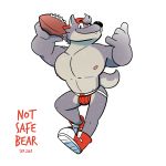  1:1 absurd_res anthro backwards_cap ball barazoku canid canine canis clothing football_(ball) footwear goronic hi_res jock jockstrap male mammal muscular muscular_male nipples pecs shoes simple_background solo underwear were werecanid werecanine werewolf white_background wolf 