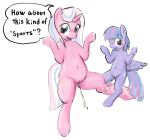  2019 blush clear_sky_(mlp) clothing cutie_mark duo english_text equid equine feathered_wings feathers female feral friendship_is_magic hair hat headgear headwear hi_res looking_at_viewer mammal multicolored_hair my_little_pony pterippus pussy seidouryu simple_background smug text urine watersports white_background wind_sprint_(mlp) wings young 