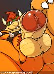  2019 anthro balls bowser bracelet butt clamcrusher foreshortening hair horn humanoid_penis jewelry koopa looking_down low-angle_view male mario_bros nintendo nude penis pubes red_hair reptile scalie simple_background smile solo spiked_bracelet spikes sweat urethra video_games worm&#039;s-eye_view 