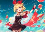  1girl :d ainy77 arm_up balloon bangs black_choker black_dress blonde_hair blue_eyes blue_sky blush breasts character_request choker commentary_request confetti cowboy_shot day dress eyebrows_visible_through_hair fingerless_gloves garter_straps gloves hair_between_eyes hair_ribbon head_tilt highres holding king&#039;s_raid looking_at_viewer medium_breasts nail_polish o-ring open_mouth outdoors red_gloves red_nails red_ribbon ribbon short_dress short_hair single_glove sky smile solo standing thighs wrist_cuffs 