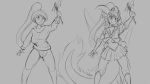  16:9 2018 anthro before_and_after bottomwear breasts choker clothing dragon ear_piercing ear_ring female grey_background hair human human_to_anthro jeans jewelry long_hair long_tail looking_at_viewer magical_girl_outfit mammal monochrome pants piercing ponytail ribbons shirt simple_background skirt smile solo species_transformation standing tail_growth topwear transformation watsup wing_growth 