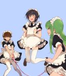  1girl 2boys alternate_costume apron black_hair black_shirt black_skirt blue_background brown_eyes brown_hair c.c. code_geass enmaided eyes_closed frilled_apron frills green_eyes green_hair jumping kururugi_suzaku layered_skirt legs_up lelouch_lamperouge long_hair maid miniskirt multiple_boys open_mouth shirt short_sleeves simple_background skirt sumi_otto sweatdrop thighhighs very_long_hair white_apron white_legwear zettai_ryouiki 