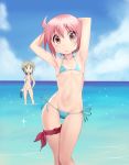  2girls ahoge armpits arms_up bikini blonde_hair blue_bikini commentary_request goggles goggles_removed highres ichii_yui multiple_girls navel nonohara_yuzuko ocean pink_hair pose short_hair side-tie_bikini sky swimsuit taka_(takahirokun) twintails wading white_bikini yuyushiki 