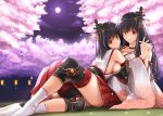 2girls akatsuki_akane bare_shoulders black_hair breasts cherry_blossoms detached_sleeves floral_print fusou_(kantai_collection) hair_ornament hand_holding japanese_clothes kantai_collection large_breasts long_hair looking_at_viewer medium_breasts moon multiple_girls night night_sky nontraditional_miko outdoors pleated_skirt red_eyes red_skirt short_hair sideboob skirt sky smile wide_sleeves yamashiro_(kantai_collection) 