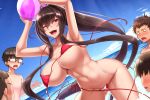  1girl 4boys armpits arms_up ball bangs bare_shoulders beachball bikini blue_sky blush bouncing_breasts breasts brown_hair collarbone hair_between_eyes kurochijo large_breasts long_hair multiple_boys navel ocean one_eye_closed open_mouth original ponytail red_bikini red_eyes shuugetsu_karasu sky smile solo swimsuit thighs unaligned_breasts untied untied_bikini very_long_hair wardrobe_malfunction 