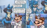  2019 ambiguous_gender anthro archdan blue_fur brown_hair canid canine clothing comic crossover dialogue english_text facial_hair fur hair hi_res human lucario male mammal mario mario_bros nintendo pok&eacute;mon pok&eacute;mon_(species) signature sonic_(series) sonic_the_hedgehog speech_bubble super_smash_bros. text video_games 