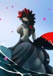  2019 anthro ball balls big_butt black_hair breasts butt canid canine day digital_media_(artwork) hair herm hi_res intersex mammal outside pussy red_eyes red_hair sky solo standing viga 