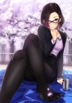  1girl alcohol beer belt blazer blush brown_eyes brown_hair business_suit cherry_blossoms commentary_request formal glasses grin hand_on_own_chin highres jacket kagematsuri legs_crossed looking_at_viewer mat mole mole_under_mouth office_lady open_blazer open_clothes open_jacket original outdoors pantyhose pencil_skirt purple_shirt shirt short_hair sitting skirt smile solo suit tree 