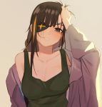  1girl blush breasts brown_eyes brown_hair cleavage dress_shirt eyepatch girls_frontline green_tank_top grey_background hand_in_hair juz long_hair looking_at_viewer m16a1_(girls_frontline) medium_breasts messy_hair mole mole_on_breast off_shoulder parted_lips shirt simple_background smile solo upper_body 
