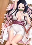  1girl arm_up artist_name bit_gag black_hair box breasts cleavage collarbone cyicheng feet_out_of_frame flower forehead from_above gag gagged hair_ribbon hand_on_own_chest in_box in_container japanese_clothes kamado_nezuko kimetsu_no_yaiba kimono long_hair looking_at_viewer lying medium_breasts obi on_back petals pink_flower purple_eyes ribbon sash short_kimono short_sleeves solo striped thighs vertical-striped_kimono vertical_stripes white_kimono white_ribbon 