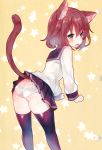  1girl animal_ears ass black_legwear blush brown_hair butt_crack cat_ears cat_tail eyebrows_visible_through_hair hair_between_eyes hair_ornament hairclip highres ikazuchi_(kantai_collection) kantai_collection long_sleeves looking_at_viewer open_mouth panties pantyshot pleated_skirt scan school_uniform serafuku short_hair skirt suzuho_hotaru tail thighhighs underwear white_panties 