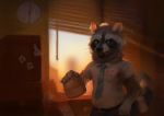  2019 anthro cariboops clothing detailed_background humanoid_hands male mammal necktie pants procyonid raccoon shirt slightly_chubby solo topwear 