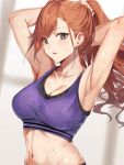  1girl arisugawa_natsuha armpits arms_behind_head arms_up bangs bare_shoulders blush bra breasts cleavage collarbone grey_eyes idolmaster idolmaster_shiny_colors large_breasts long_hair looking_at_viewer navel parted_lips ponytail purple_bra red_hair scrunchie sola_(solo0730) solo sports_bra sweat swept_bangs underwear 