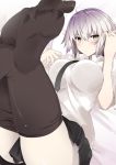  1girl ahoge bad_feet black_neckwear black_skirt blush breasts dress dutch_angle fate/grand_order fate_(series) hair_between_eyes hand_in_hair highres jeanne_d&#039;arc_(alter)_(fate) jeanne_d&#039;arc_(fate)_(all) large_breasts legs_crossed looking_at_viewer lying necktie on_back pantyhose pantyhose_pull rating shirt short_hair silver_hair skirt solo vane wet white_shirt yellow_eyes 