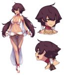  1girl :d ahoge armlet armpits arms_at_sides bangs bare_legs bare_shoulders blush bracelet breasts bridal_legwear choker cleavage closed_mouth collarbone dancer dark_skin dev full_body gluteal_fold hair_between_eyes highres jewelry long_hair looking_at_viewer low_twintails medium_breasts multiple_views navel open_mouth orange_eyes original portrait profile purple_hair red_choker revealing_clothes see-through sideways_mouth simple_background smile standing stomach thigh_gap twintails v-shaped_eyebrows very_long_hair white_background 