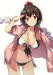  1girl bikini blush breasts brown_hair contrapposto hat highres large_breasts navel nuqura pink_hoodie pointy_ears red_eyes salute shameimaru_aya short_hair side-tie_bikini smile solo swimsuit swimsuit_under_clothes tokin_hat touhou white_background 