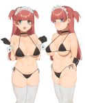  1girl 2l_(2lsize) bangs bikini black_gloves blush breasts choker closed_mouth erect_nipples gloves grey_eyes half_gloves highres large_breasts long_hair looking_at_viewer maid maid_headdress multiple_views navel open_mouth original red_hair side-tie_bikini smile standing swimsuit thighhighs white_background white_legwear wrist_cuffs 