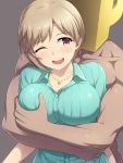  1boy 1girl ;d aiba_yumi blonde_hair blue_shirt blush breasts brown_eyes clothed_female_nude_male collarbone collared_shirt commentary_request grabbing grabbing_from_behind grey_background groping highres hug hug_from_behind idolmaster idolmaster_cinderella_girls impossible_clothes impossible_shirt jewelry large_breasts necklace nude one_eye_closed open_mouth p-head_producer pataniito shirt short_hair simple_background smile upper_body 
