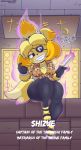  absurd_res animal_crossing anthro aura blonde_hair breasts clothing eye_patch eyewear female fur gloves goro_majima hair hi_res isabelle_(animal_crossing) knife nintendo pkfirefawx text thick_thighs video_games yakuza_(series) yellow_fur 