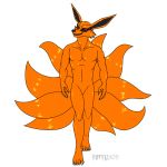  1:1 5_toes anthro asian_mythology canid canine demon east_asian_mythology fox fox_spirit fur hi_res horrified_(artist) kurama male mammal mythology naruto orange_fur pecs slim toes walking 