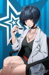  &gt;:) 1girl bangs belt black_choker black_hair blue_background blue_hair blunt_bangs breasts brown_eyes chair choker cleavage closed_mouth coffee coffee_mug collarbone cup dated eyebrows_visible_through_hair hand_in_pocket holding holding_cup j.k. jewelry labcoat legs_crossed long_sleeves looking_at_viewer medium_breasts mug nail_polish necklace on_chair persona persona_5 red_nails short_hair signature sitting smile solo star starry_background striped striped_background studded_choker takemi_tae v-shaped_eyebrows vertical-striped_background vertical_stripes 