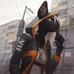  1:1 2019 5_fingers anthro breasts clothed clothing day detailed_background digital_media_(artwork) domestic_cat felid feline felis female hair hi_res inner_ear_fluff mammal orange_eyes orphen-sirius outside russian_text smile solo text white_hair 