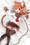  1girl animal_ears bell black_legwear black_skirt blush brown_eyes brown_hair cat_ears cat_tail chains gloves hair_ornament hairclip highres ikazuchi_(kantai_collection) kantai_collection long_sleeves looking_at_viewer lying navel neckerchief on_back open_mouth paw_gloves paws pleated_skirt red_neckwear school_uniform serafuku short_hair skirt solo suzuho_hotaru tail thighhighs 