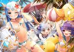  5girls absurdres ahoge animal_ears arm_up armpits arms_up ball beach_umbrella beachball bikini bikini_bottom black_legwear blue_eyes blue_hair blush breasts brown_hair bsue bunny_ears character_request eating empty_eyes fang flat_chest food grin hair_ornament hand_in_hair highres horns huge_filesize jewelry king&#039;s_raid long_hair medium_breasts mouth_hold multiple_girls navel one-piece_swimsuit one_eye_closed open_mouth outdoors palm_tree pendant pink_eyes pointy_ears pool popsicle purple_eyes purple_hair school_swimsuit seashell shell silver_hair smile splashing starfish swimsuit tail thighhighs tree twintails umbrella very_long_hair water white_bikini white_bikini_bottom 